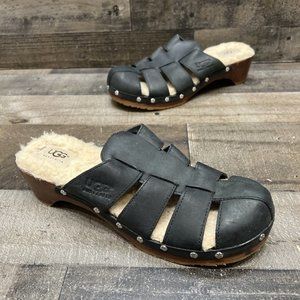 Ugg Australia Womens Black Leather Shearling Wood Sole Clogs Size 8